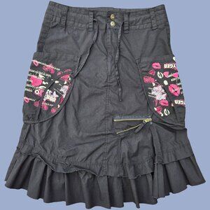 Y2K Cargo Skirt Size S Black Pink Midi Below Knee Harajuku Grunge Fairy Cotton